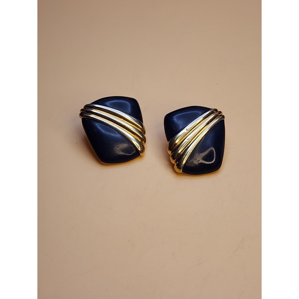 Vtg MONET Black Enamel & Gold Tone Square Clip-On Earrings 80s Style FREE $HIP!!